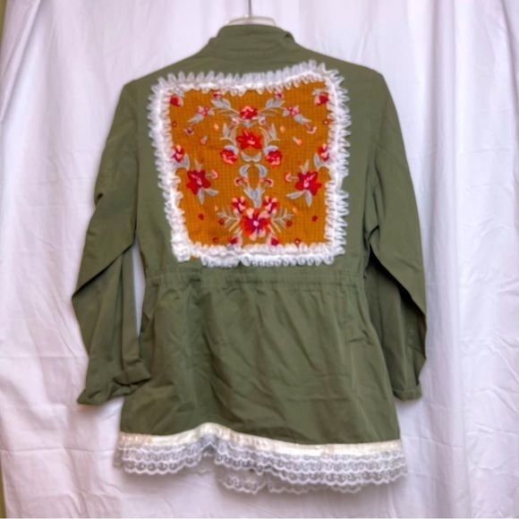 Ruff Hewn Upcycled Military style Jacket Embroidered Appliqué lace ruffle Size1X - Picture 3 of 14